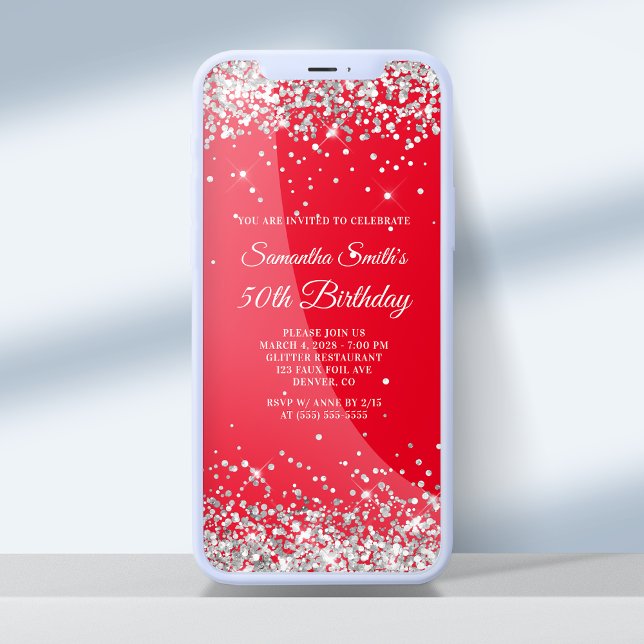 Convites Vermelho e Silver Glitter 50º Aniversário (Criador carregado)