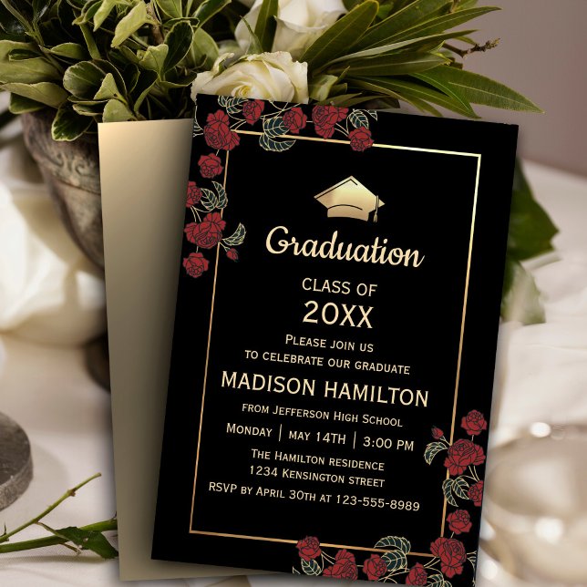 Convites Vermelho Elegante e Festa de formatura Dourada (Celebrate your success in elegance! Our Elegant Red and Gold Graduation Party Invitation is adorned )
