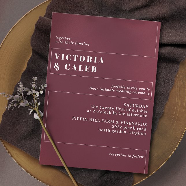 Convites Vermelho Escuro Borgonha | Casamento Mínimo Modern (Criador carregado)