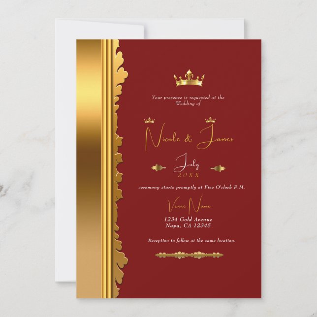 Convites Vermelho Escuro & Dourado Casamento Glamouroso Rea (Frente)
