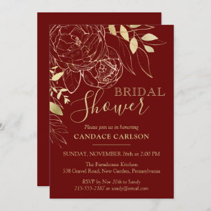 Convites Vermelho Escuro e Dourado Peony Moderno Chá de pan