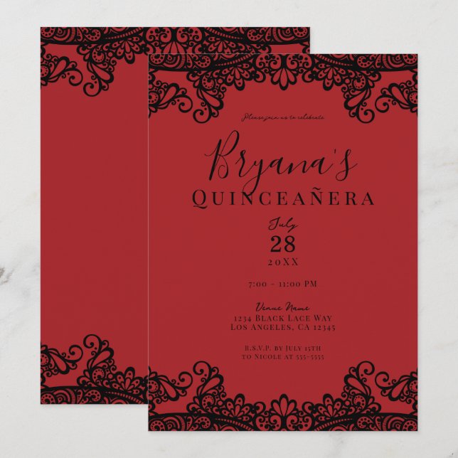 Convites Vermelho Escuro e Preto com Renda Elegante Quincea (Frente/Verso)
