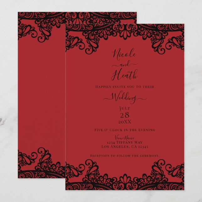Convites Vermelho Escuro e Renda Preta Casamento Elegante (Frente/Verso)