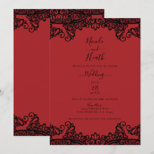Convites Vermelho Escuro e Renda Preta Casamento Elegante