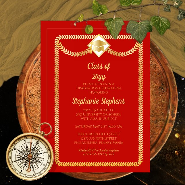 Convites Vermelho | Festa de formatura Dourada de serpentin (Elegant Red and Gold Tone Serpentine College | University Graduation Announcement | Party Invitation)