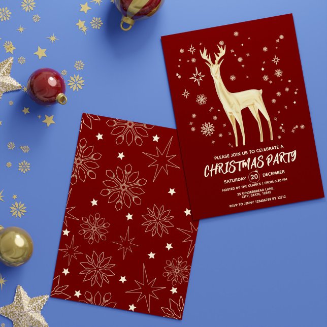 Convites Vermelho Festivo Escuro Simples e Xmas Elegantes D (Simple Dark Festive Red and Gold Elegant Deer Xmas Invitation)