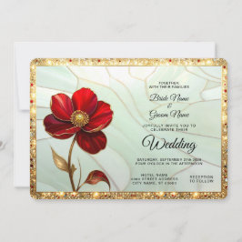Convites Vermelho Flor de Vidro Pintado com Acentos Dourado