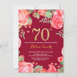 Convites Vermelho Floral 70º Aniversário Brilho Dourado Bur