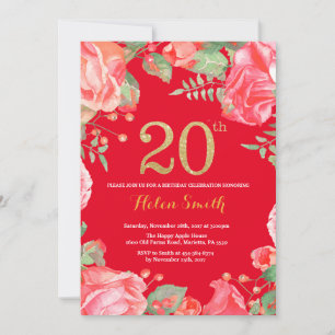 Convites Vermelho Floral Aniversário de 20 anos Brilho Dour