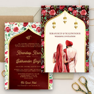 Convites Vermelho Floral Creme Dourado Anand Karaj Casament
