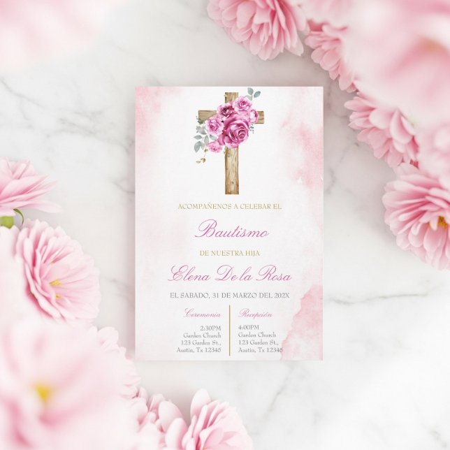 Convites Vermelho floral rosa com batismo da cruz  (Criador carregado)