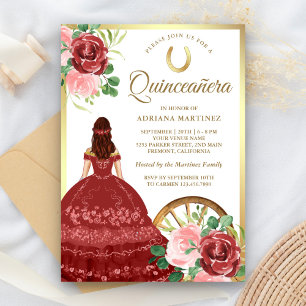 Convites Vermelho Floral Russo Charro Dourado Quinceanera