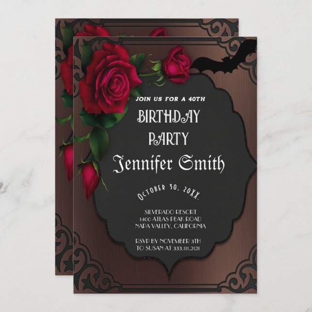 Convites Vermelho Gótico do aniversário de 40 anos (Frente/Verso)