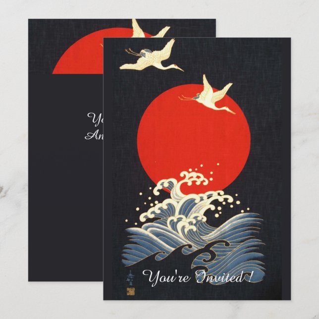 CONVITES VERMELHO, JAPONÊS VOANDO CRANES, ONDAS MARÍTIMAS E (Frente/Verso)