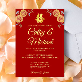 Convites Vermelho laranja floral Chinês dupla felicidade