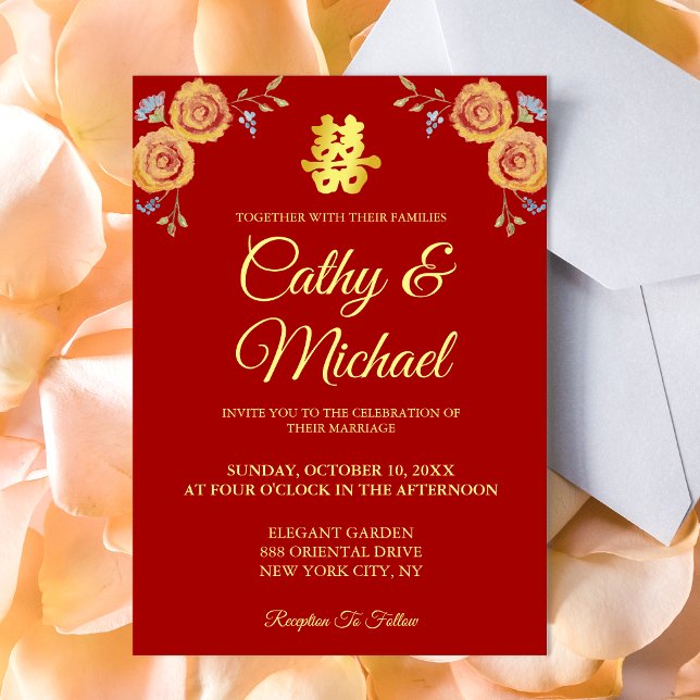 Convites Vermelho laranja floral chinês dupla felicidade ca (Traditional Chinese wedding invitation red invite orange watercolor flowers double happiness)