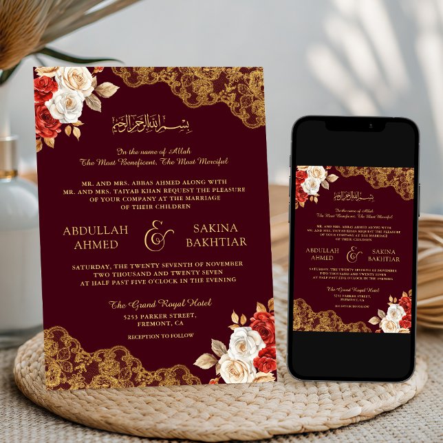 Convites Vermelho Marfim Floral Dourado Renda Borgonha Casa (Criador carregado)