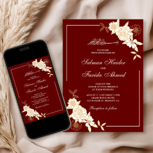 Convites Vermelho Marrom Creme Galho Floral Casamento Muçul