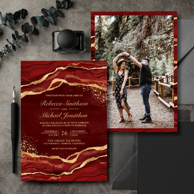 Convites Vermelho Marrom Dourado Tinta Fluida Foto Casament (Criador carregado)