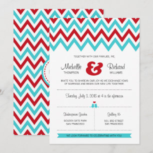 Convites Vermelho moderno e Aqua Chevron & Lovebirds que