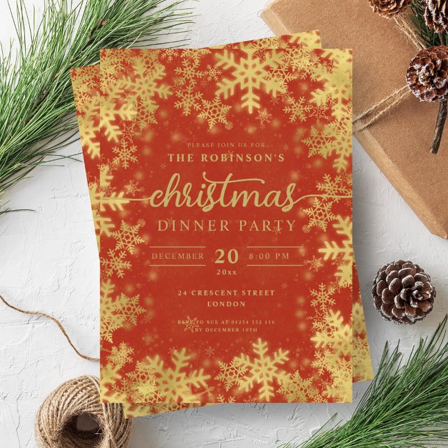 Convites Vermelho Natal da Terra Maravilha Dourada Moderna  (Modern Gold Winter Wonderland Christmas Red Invitation)