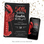 Convites Vermelho Negro divertido 50º Aniversário Crawfish<br><div class="desc">Vermelho Negro divertido 50º Aniversário Marisco Boil Convite. Contra um fundo negro ousado, sotaques vermelhos vibrantes colocam o palco para uma celebração de verão cheia de sabor e diversão. Este convite capta a essência de uma fervura viva de lagosta, com ilustrações lúdicas de lagosta e um toque de charme de...</div>