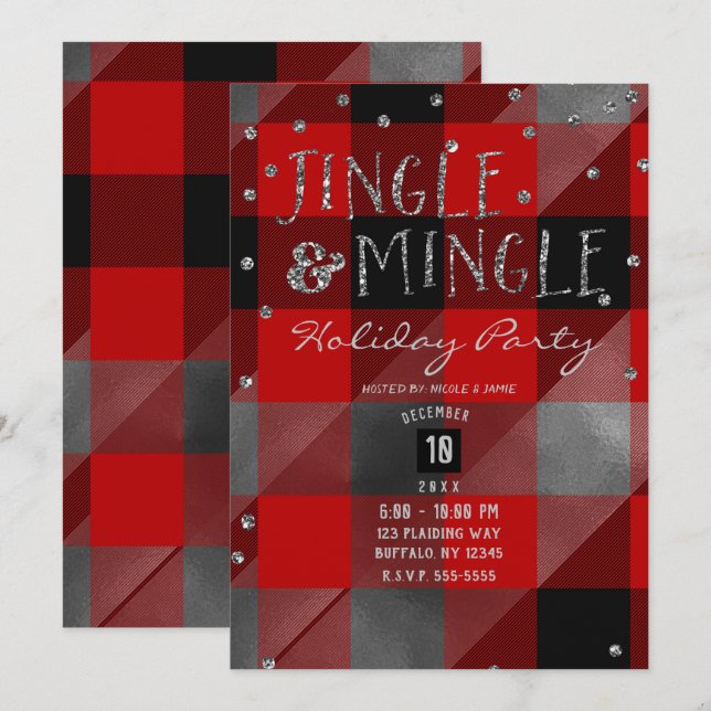 Convites Vermelho Plaid do Búfalo Prateado Jingle & Mingle  (Frente/Verso)