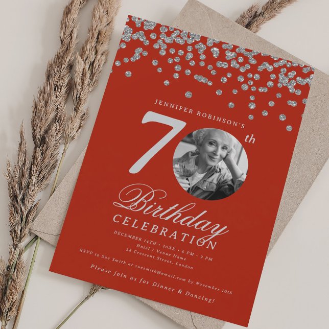 Convites Vermelho prateado com Festa de aniversário de Foto (Elegant Photo 70th Birthday Party Silver Red Invitation)