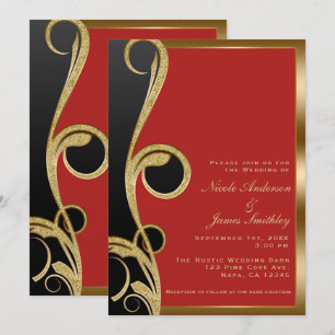 Convites Vermelho Preto & Dourado Glam Moderno Elegante Red