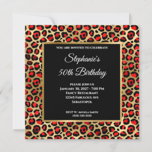 Convites Vermelho Preto e Dourado Glam Leopardo 50º Anivers
