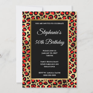 Convites Vermelho Preto e Dourado Glam Leopardo 50º Anivers