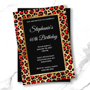 Convites Vermelho Preto e Dourado Leopardo Glam 40º Anivers