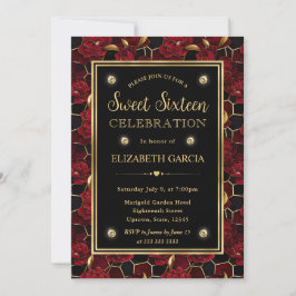 Convites Vermelho Preto e Dourado Mármore Floral Sweet Sixt