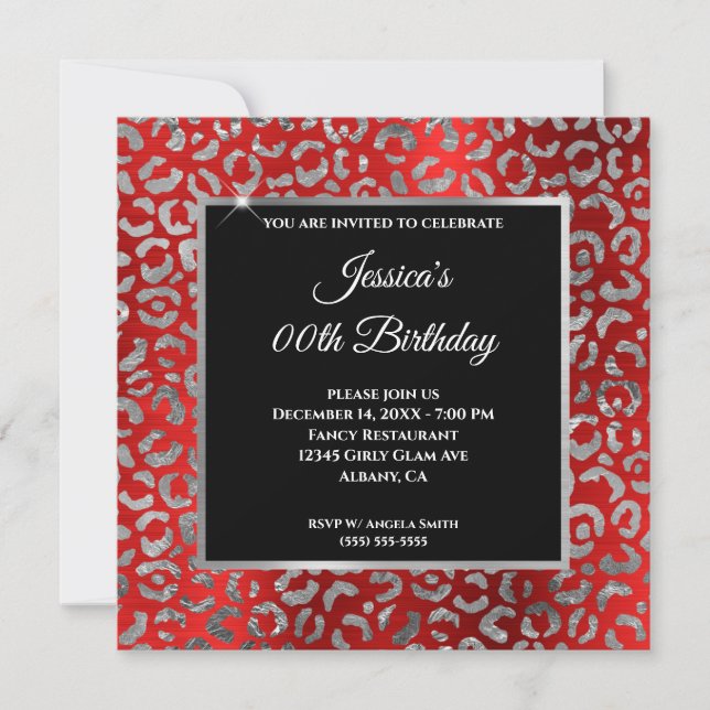 Convites Vermelho Preto e Prata Leopardo Foil Aniversário F (Frente)