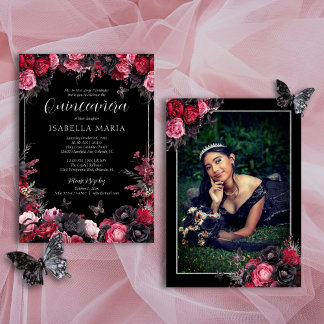 Convites Vermelho-rosa-gótico e Florais Moody-preto Quincea