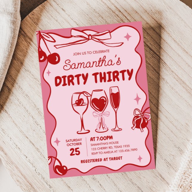 Convites Vermelho Rosa Sujo Trinta Festas de aniversário (Hand Drawn Cherry Dirty Thirty Birthday Party Invitation)