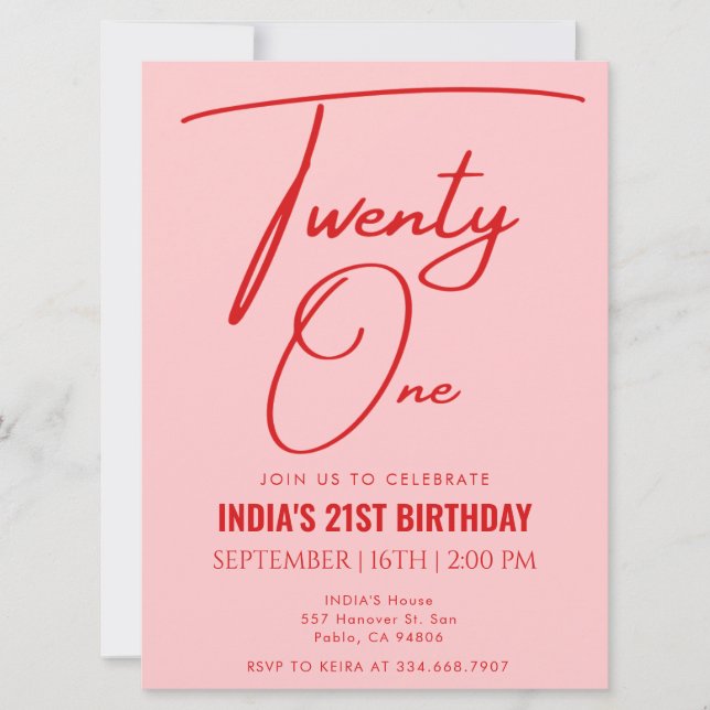 Convites Vermelho Rosa Vinte e Um 21º Aniversário (Frente)
