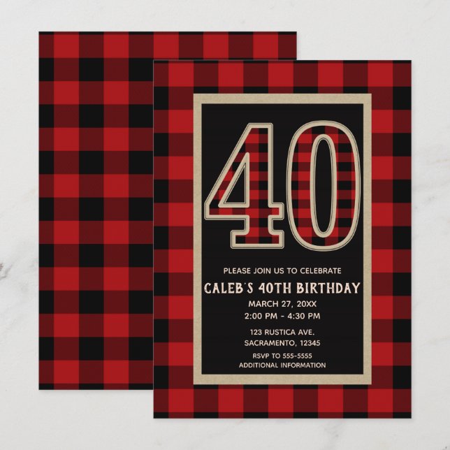 Convites Vermelho Rústico Preto Plaid Búfalo 40º 40 Anivers (Frente/Verso)