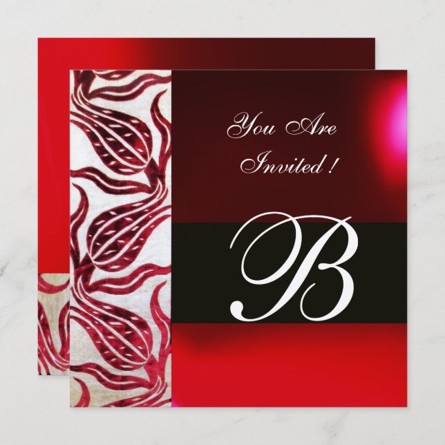 Convites VERMELHO VELVET DAMASK TULIPS MONOGRAM Burgundy Si (Frente/Verso)