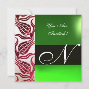 Convites VERMELHO VELVET DAMASK TULIPS MONOGRAM Burgunk Ver