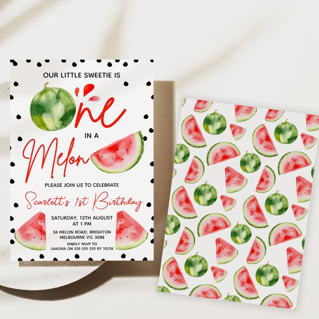 Convites Vermelho Verde Negro Moderno Em Um primeiro aniver (Girls One In A Melon 1st Birthday Invitations, Watermelon invite, Red Melon 1st Birthday Invitations)