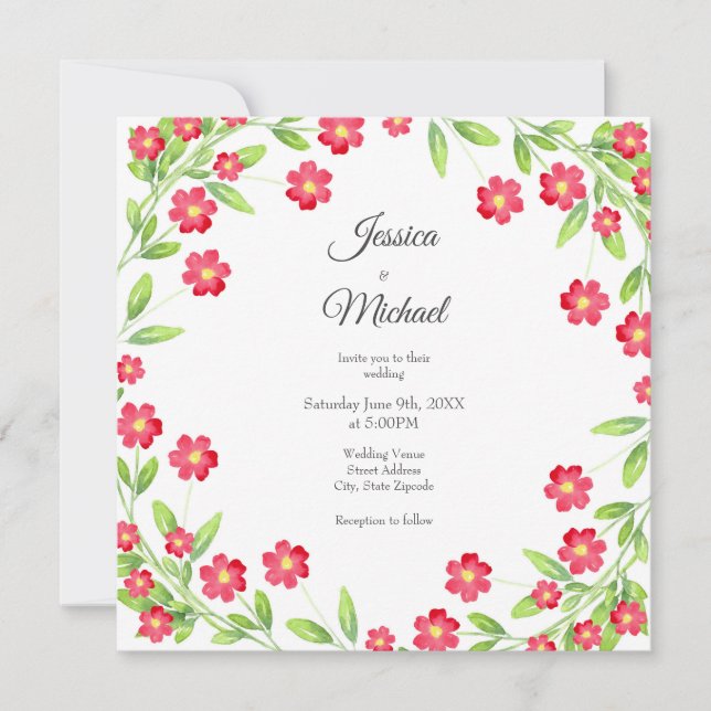 Convites Vermelho Watercolor Floral Wreath (Frente)