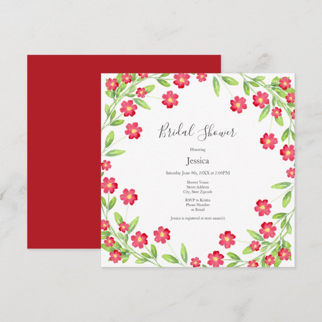 Convites Vermelho Watercolor Floral Wreath (Frente/Verso)