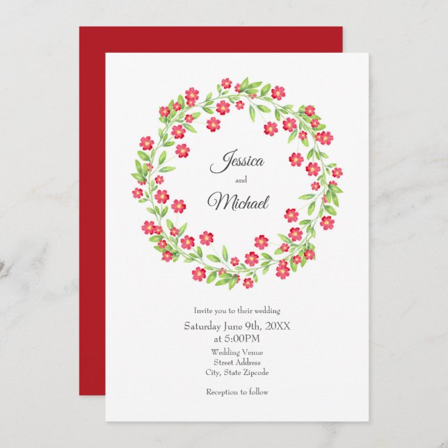Convites Vermelho Watercolor Floral Wreath (Frente/Verso)