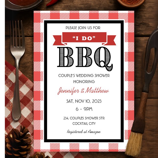 Convites Vermelho Xadrez Rústico Eu Aceito Churrasco Casame (Rustic Red Gingham I Do BBQ Wedding Couples Shower Invitation)