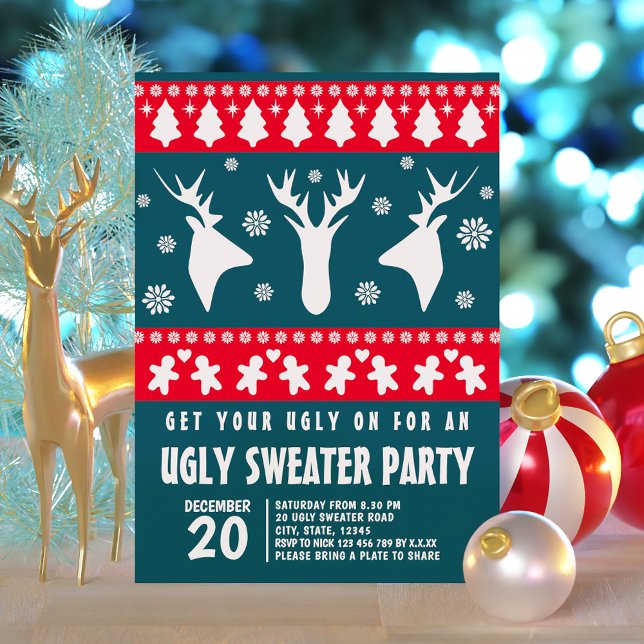 Convites Vermelhos Elegantes e Verdes Reindeer Festa de Swe (Elegant Red and Green Reindeer Ugly Sweater Party Invitation)