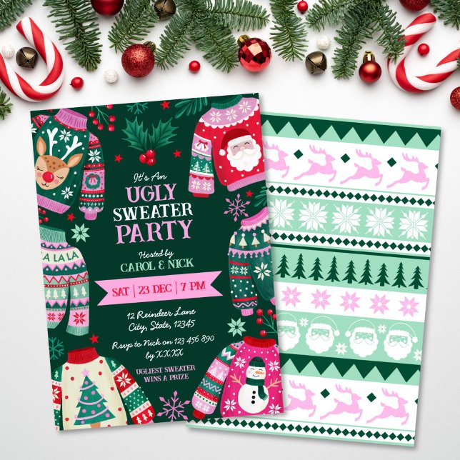 Convites Vermelhos, Verdes, Verdes e Rosa Festivos Modernos (Modern Festive Ugly Sweater Red, Green and Pink Invitation)