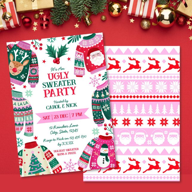 Convites Vermelhos, Verdes, Verdes e Rosa Festivos Modernos (Modern Festive Ugly Sweater Red, Green and Pink Invitation)