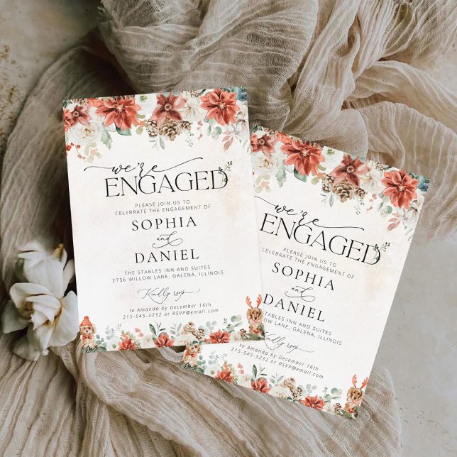 Convites Vermelhos Vermelhos Invernos Pinecone Estamos noiv (Criador carregado)