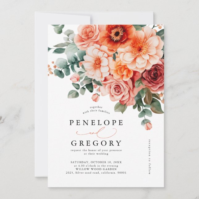 Convites Verona Sunset Bright Orange Modern Floral Casament (Frente)